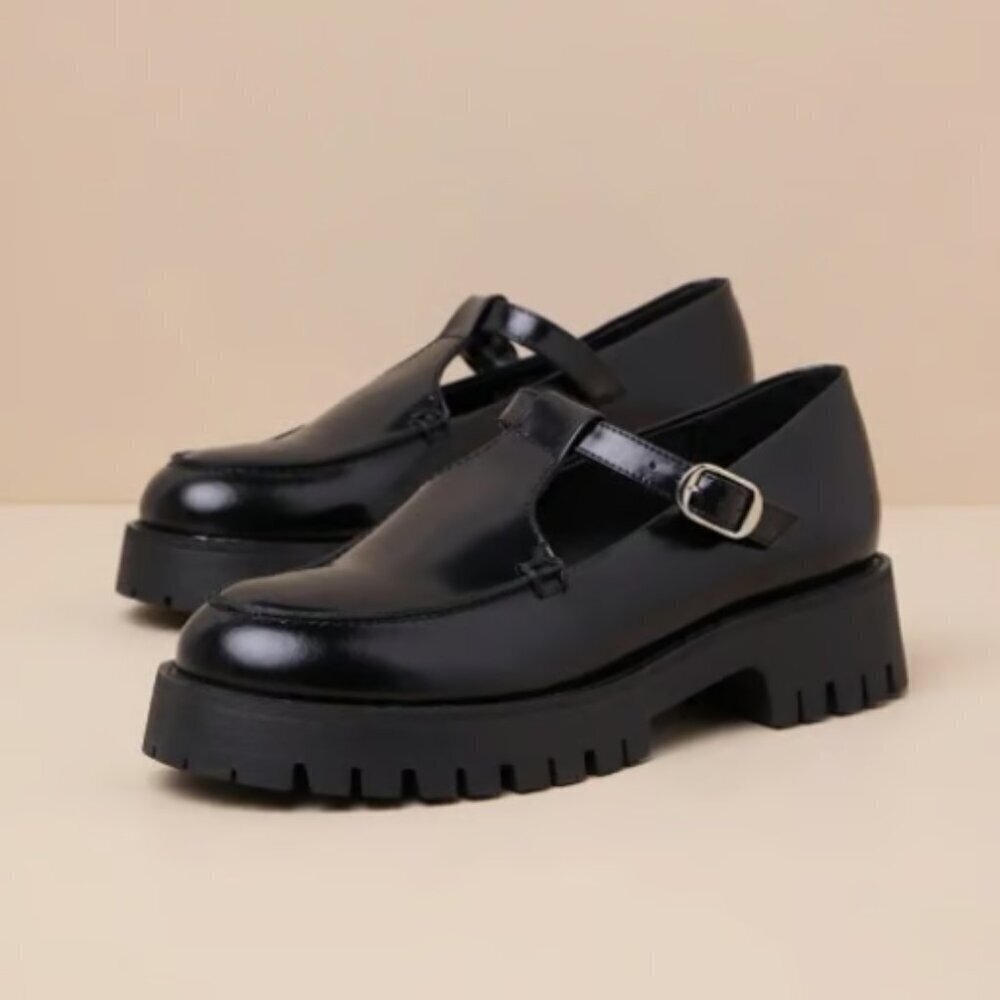 Steve Madden Leona Black Leather T-Strap Loafers
